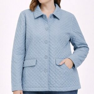 Blue Quilted Jacket Womens L Collared Button Front Flap Pockets Harve Benard EUC